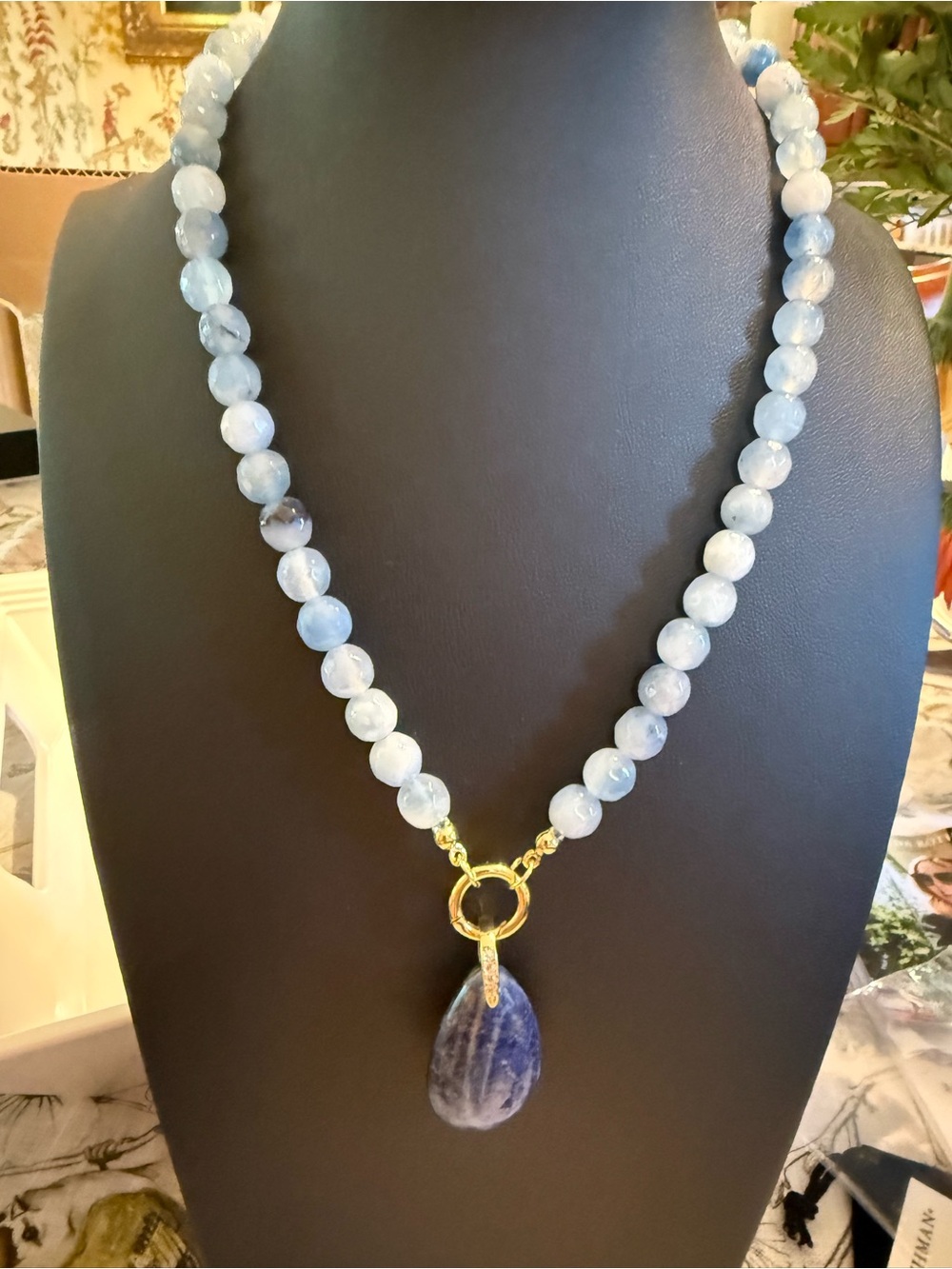 Blue Beaded Necklace with Sodalite Teardrop and Gold Accent